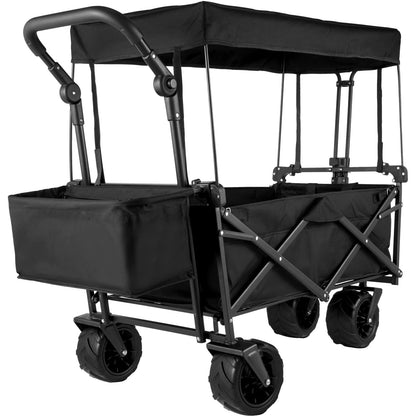 Happbuy Extra Large Collapsible Garden Cart with Removable Canopy, Folding Wagon Utility Carts with Wheels and Rear Storage, Wagon Cart for Garden, Camping, Grocery Cart, Shopping Cart, Black - WoodArtSupply