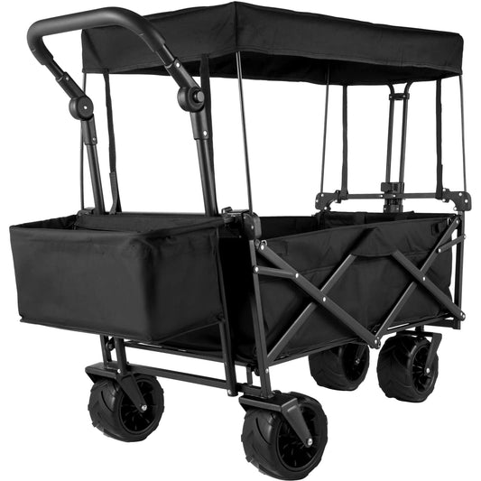 Happbuy Extra Large Collapsible Garden Cart with Removable Canopy, Folding Wagon Utility Carts with Wheels and Rear Storage, Wagon Cart for Garden, Camping, Grocery Cart, Shopping Cart, Black