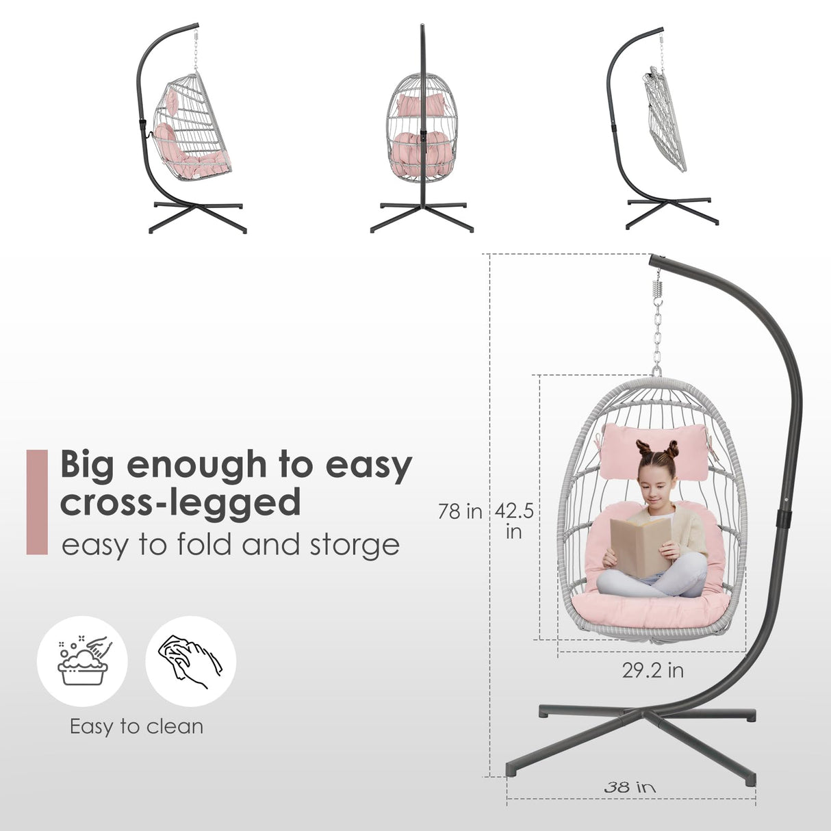 Brafab Pink Egg Chair with Stand Indoor Outdoor Swing Egg Chair, Patio Wicker Hanging Chair with Stand Hammock Egg Chairs with UV Resistant Cushion and Aluminum Steel Frame for Bedroom Balcony Garden Brafab