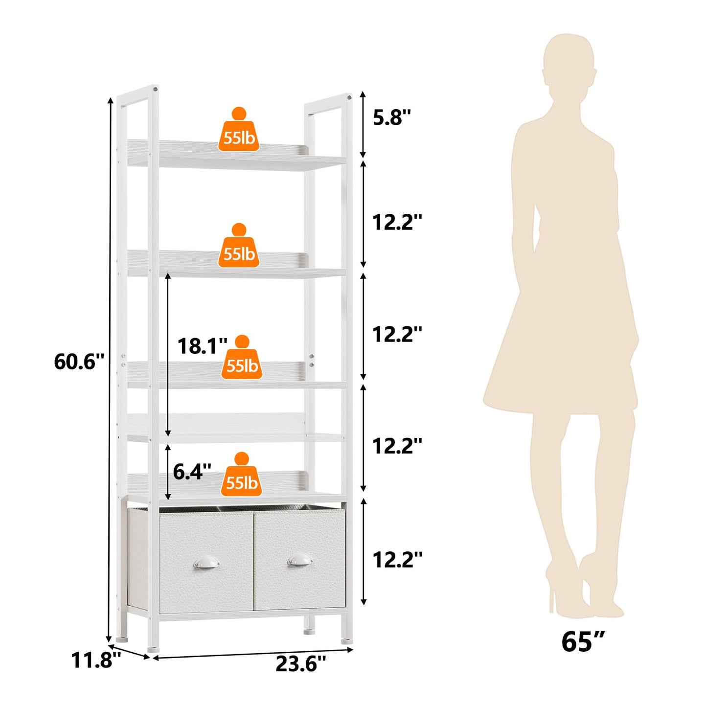 Furologee 5 Tier Bookshelf with Drawers, White Tall Bookcase with Shelves, Wood and Metal Book Shelf Storage Organizer, Modern Display Free Standing Shelf Unit for Bedroom, Living Room, Office