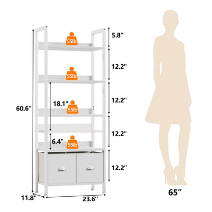 Furologee 5 Tier Bookshelf with Drawers, White Tall Bookcase with Shelves, Wood and Metal Book Shelf Storage Organizer, Modern Display Free Standing Shelf Unit for Bedroom, Living Room, Office