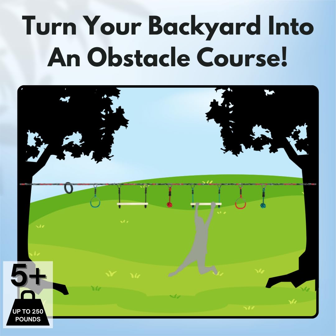 Slackers Ninjaline - 36' Intro Kit - Includes 7 Hanging Attachments - Best Outdoor Ninja Warrior Training Equipment For Kids - Build Your Very Own Backyard Obstacle Course - Rated Ages 5+ Slackers