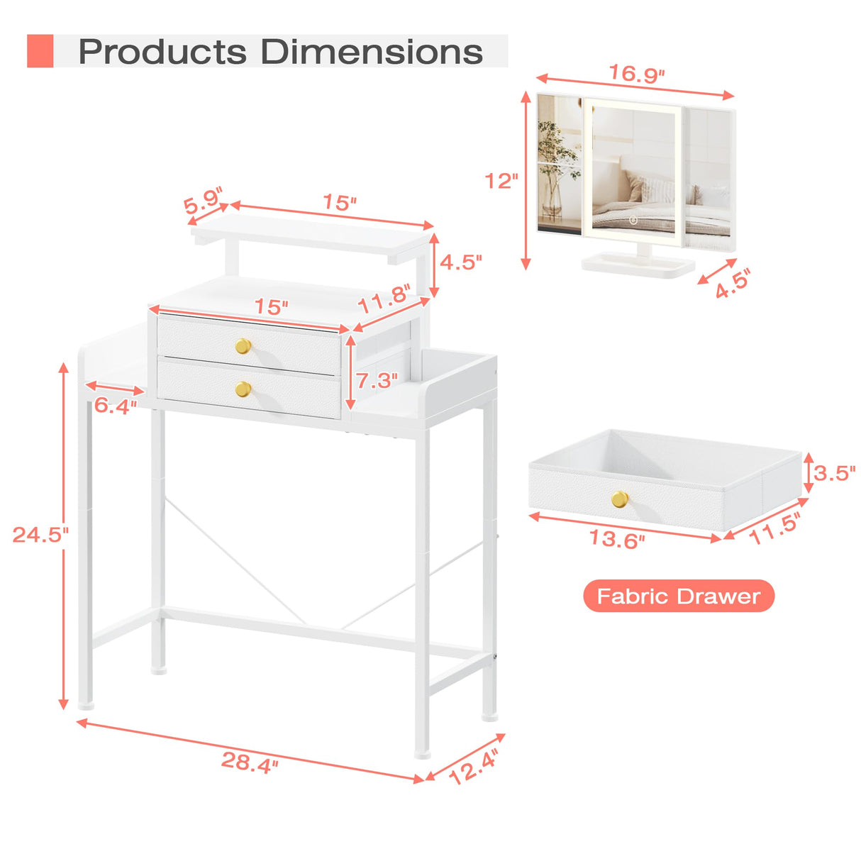 HIGDBFE Vanity Desk with Mirror and Lights, 28.4''W Small Makeup Vanity Table with Height-Adjustable Stand, 2 Fabric Drawers Compact Makeup Desk, Gift for Girls, Bedroom Small Space, White HIGDBFE