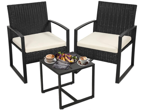 Murago 3 Pieces Wicker Patio Bistro Sets, Rattan Conversation Set with Coffee Table, for Balcony, Porch, Garden, Yard, Poolside, Black Frame with Beige Cushion Murago