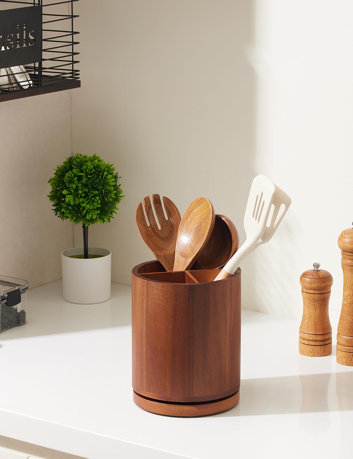 Yangbaga 360° Rotating Utensil Holder, Acacia Wooden Utensil Holder, 7.2" Large Wood Kitchen Utensil Holder for Kitchen Counter, Farmhouse Kitchen Decor