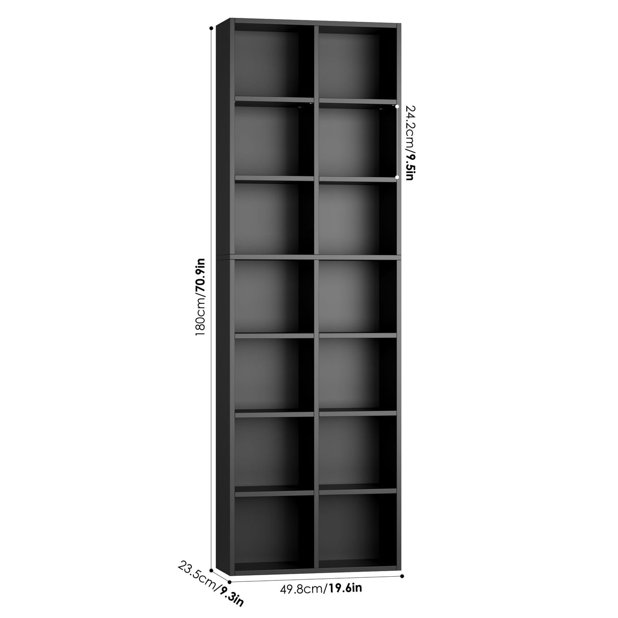 FOTOSOK 71'' Tall Bookshelf, Double Wide Media Tower Rack CD DVD Rack Display Cabinet with Adjustable Shelves, Tall Narrow Bookcase Black Bookshelf for Home Office, Black FOTOSOK