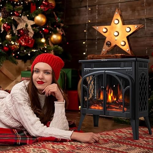 Electactic 24Inch Electric Fireplace Stove, Free-Standing Infrared Fireplace Stove, Controllable 3D Flame, 4 Variable Flame&Log Colors, 1500w, 5100BTU,TC(50℉-99℉),Black,23.5" L X 10.7" W X 24.3" H Electactic