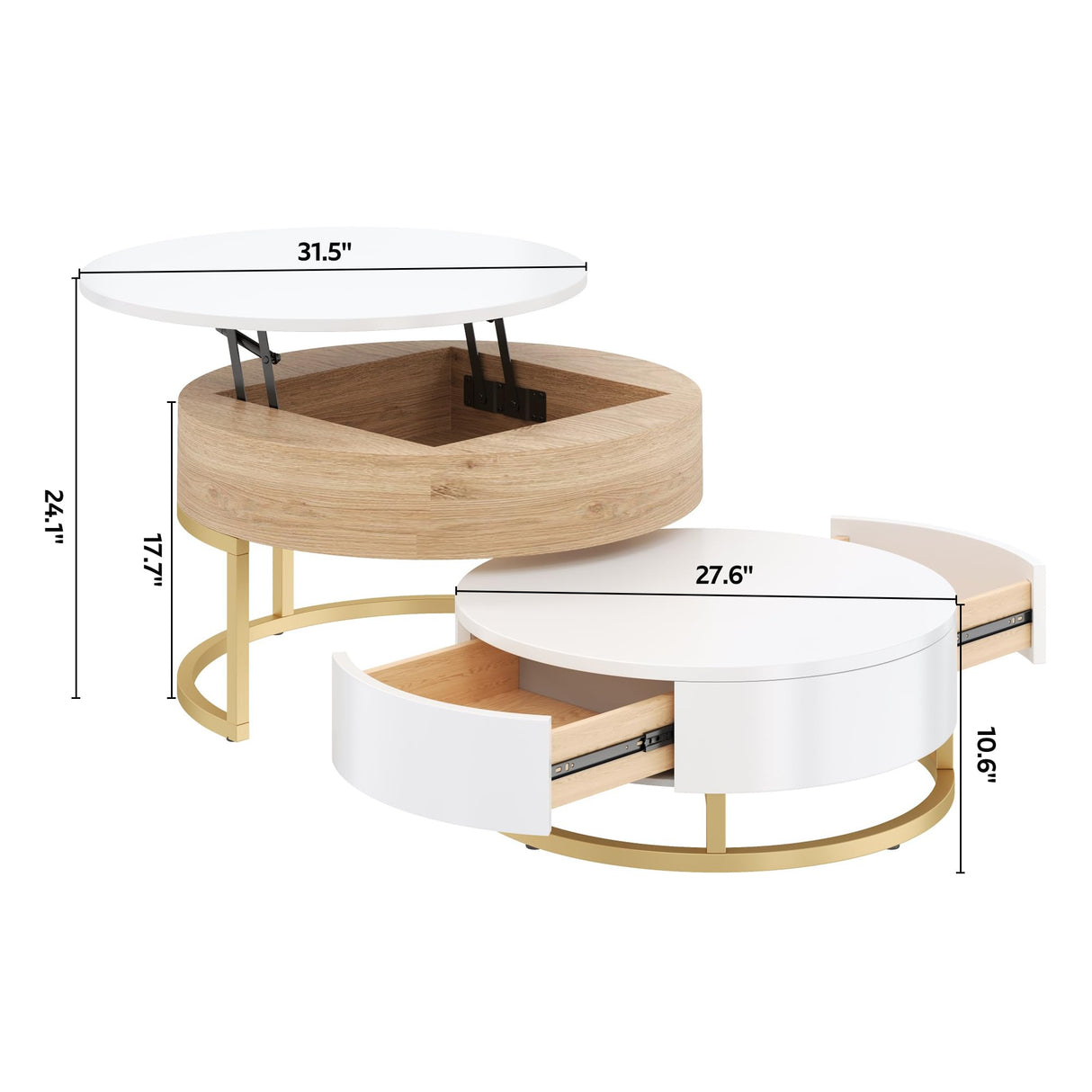Modern Round Lift-top Nesting Coffee Tables with 2 Drawers for Living Room White & Natural Flieks
