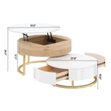 Modern Round Lift-top Nesting Coffee Tables with 2 Drawers for Living Room White & Natural Flieks