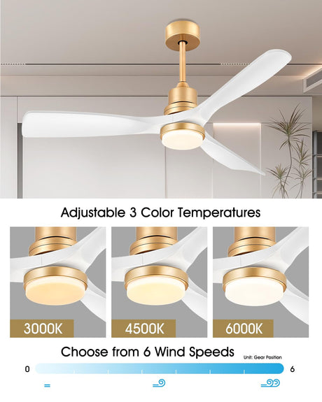 White and Gold Ceiling Fans with Lights Remote Control, 52 inch Modern Gold Ceiling Fan ETL Listed, 3 Downrods, 3 blades Gold Fan Reversible Quiet DC Motor, Timer, 6-Speed for Outdor Patio Bedroom Forrovenco