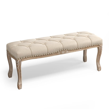 Cozyman Bedroom Bench, French Vintage Tufted Entryway Bench, 45.2" Carving Upholstered End of Bed Bench with Distressed Wood Legs, Linen Ottoman Bench Seat for Living Room, Dining Room, Linen Color Cozyman