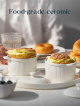 DOWAN 7 oz Ramekins with Lids Oven Safe, Creme Brulee Ramekins with Cover and Handle, Stackable Ceramic Bowls for Baking, Pudding, Dipping, Souffle Dish, Set of 4, White DOWAN