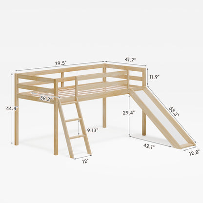 MU Twin Loft Bed with Slide, Climbing Ladder, and Safety Guard Rail in Natural Wood - WoodArtSupply