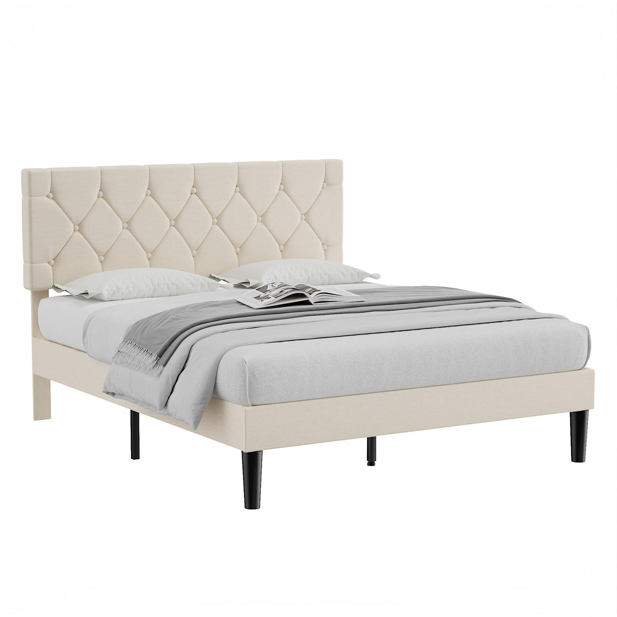 VECELO Queen Bed Frame with Button Tufted Headboard, Upholstered Platform with Wooden Slat Support, No Box Spring Needed, Cream Beige VECELO