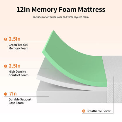 PayLessHere 12 Inch Green Tea Memory Foam Mattress,Bed-in-a-Box Medium Firm Mattress Fiberglass Free CertiPUR-US Certified Breathable Bed Mattress for Cooler Sleep Supportive & Pressure Relief,King