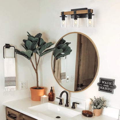 Farmhouse Bathroom Vanity Light, 3 Light Rustic Bathroom Light Fixture, Wood Bathroom Lights Over Mirror with Clear Glass Shade, Farmhouse Vanity Wall Lights for Bathroom, Living Room, Hallwa - WoodArtSupply