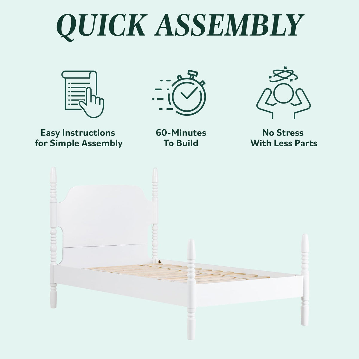 Walker Edison EZ Assembly Traditional Wood White Spindle Bed, Vintage Bed Frame, No Box Spring Required, Twin Bed Frame with Headboard, Twin Size, White Walker Edison