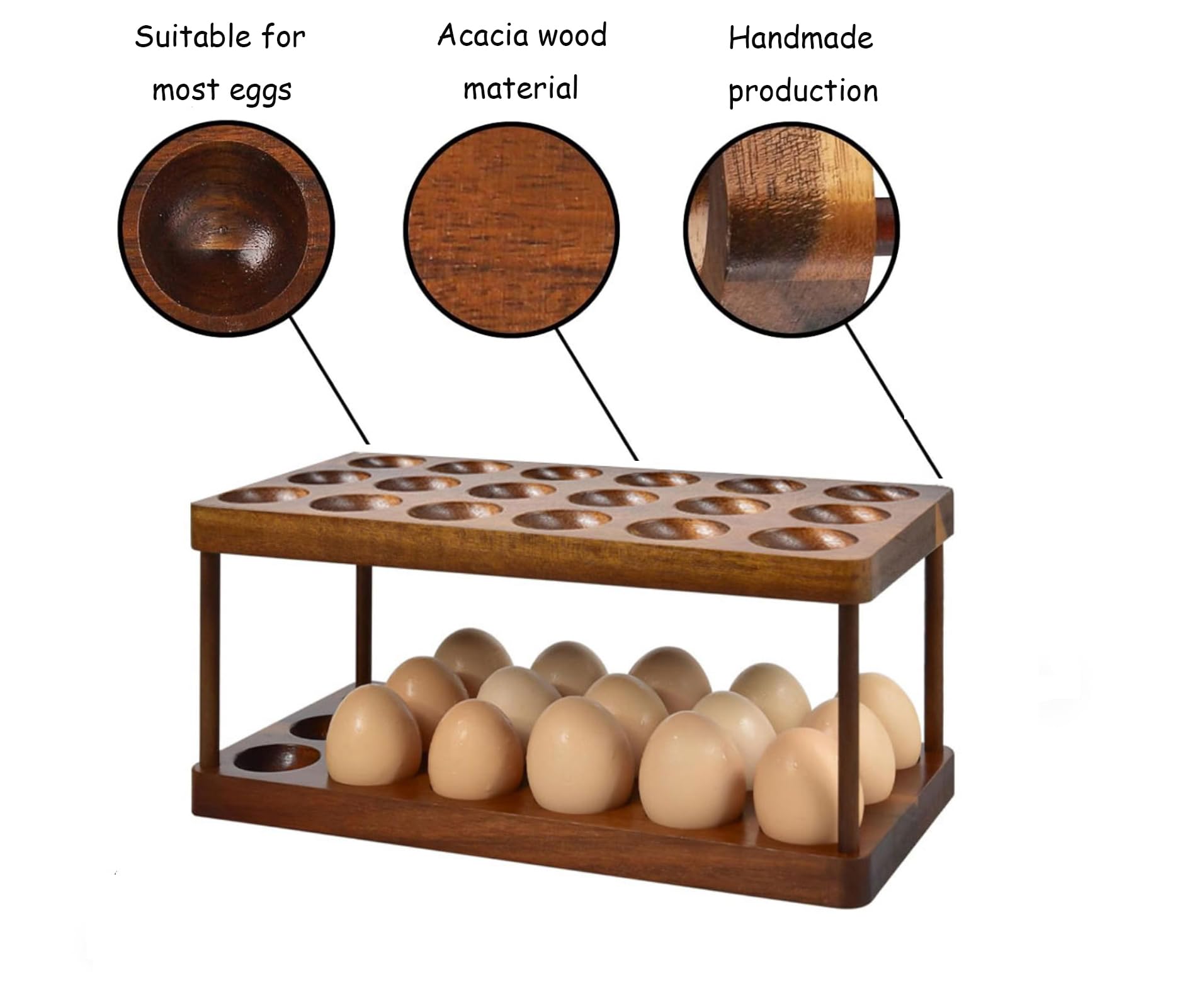 Acacia Wooden Double Layer Egg Holder, 36 Capacity Farmhouse Kitchen 2 Tier Fresh Egg Storage Rack Basket, Deviled Egg Plates Egg Tray Organizer for Countertop - WoodArtSupply