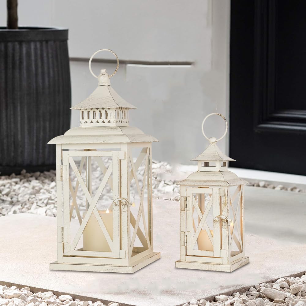 Lanterns Decorative Outdoor&Indoor, Set of 2 (14"&10") Beige Metal Lantern Decor with Glass, Candle Holder for Porch, Patio, Garden, Balcony, Wedding, Table Centerpiece NEEDOMO