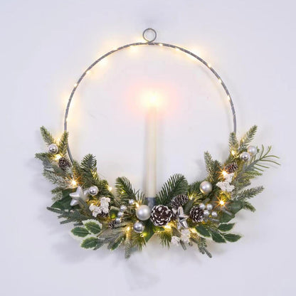 Christmas Silver Lighted Wreath,prelit Christmas Hoop Wreath, Modern Decor,Farmhouse Winter Wreath, 16inch Christmas Wreath for Front Door Outside with flameless Candle,Front Porch Decoration w/Light