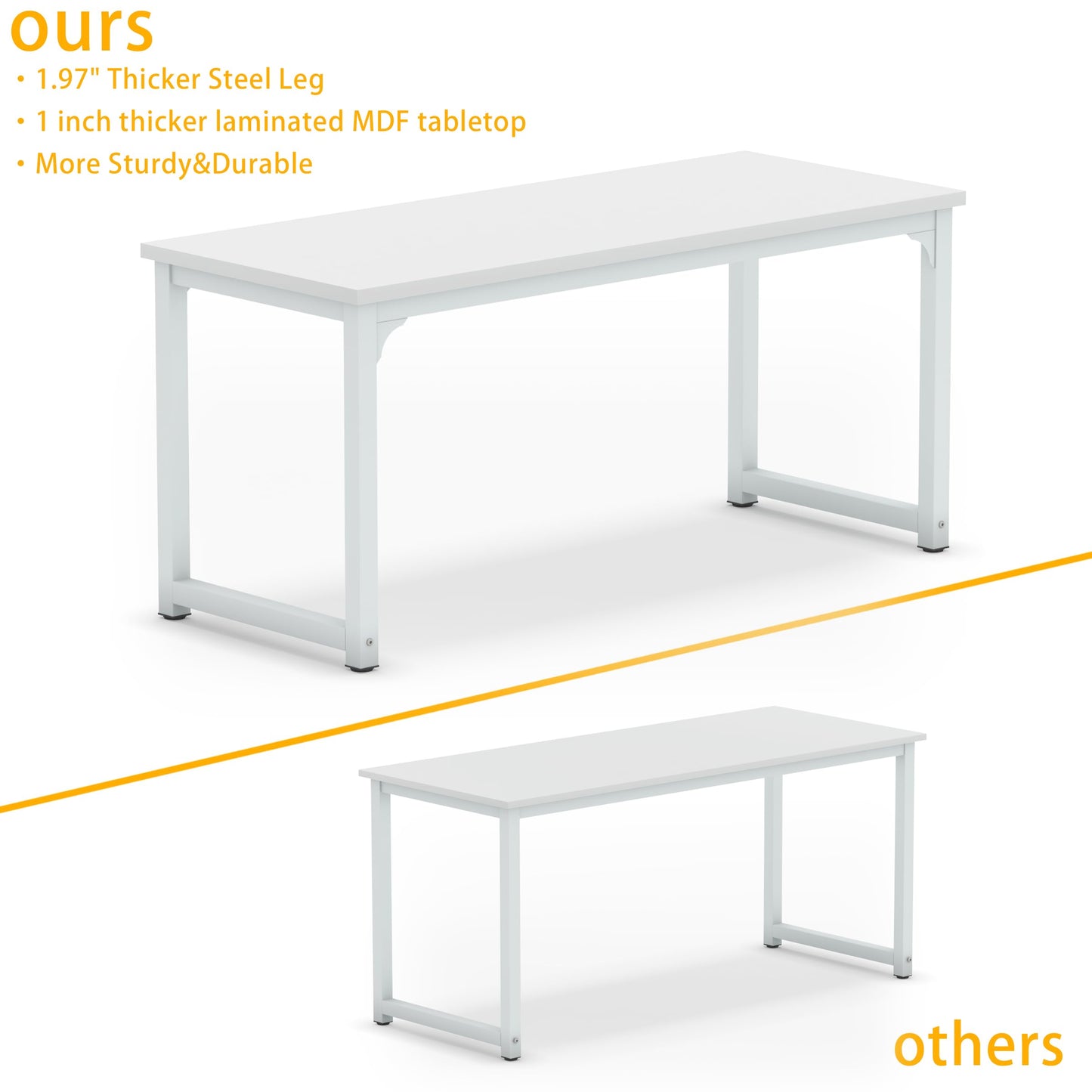 NSdirect Large Office Desk for Home Office, Large 63" Computer Desk Table, Wide Writing Study Desk for 2 Person, Metal Sturdy Frame Thicker Steel Legs, (White, 62.6" L x 22.8" W x 28.7" H) - WoodArtSupply