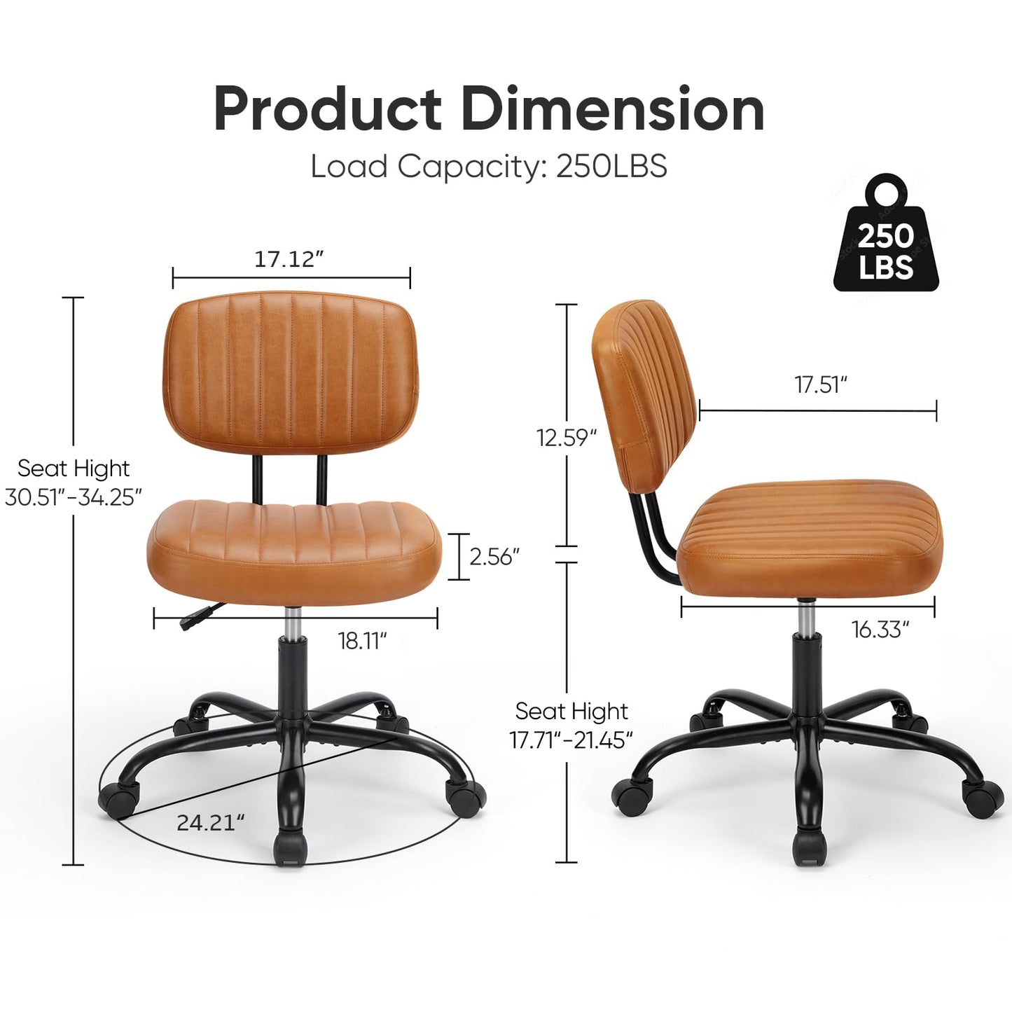 Armless Home Office Desk Chair -Small Ergonomic with Low Back Lumbar Support, Height Adjustable PU Leather Computer Task with 360° Swivel Rolling Wheels, for Small Space, Brown - WoodArtSupply