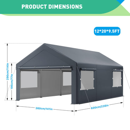 VerisShade 12x20 FT Heavy Duty Carport, Portable Garage with Sidewalls, Roll-up Windows, Carports 12x20 Heavy Duty for Car Boat Truck Motorcycle (Gray) - WoodArtSupply