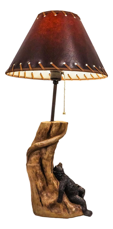 Ebros 'Summer Naps' Rustic Forest Black Bear Sleeping On Tree Log Hand Painted Resin Desktop Table Lamp with Faux Leather Shade Country Western Cabin Lodge Cottage Home Decor Accent Ebros Gift