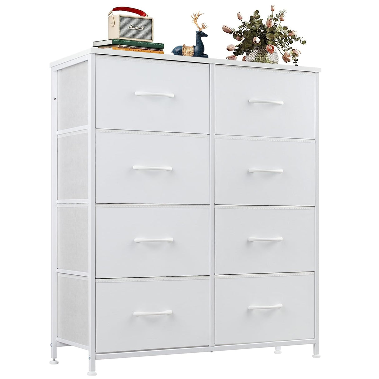 OLIXIS Dresser for Bedroom, 8 Storage Drawers, Tall Large Fabric Storage Tower Organizer, Chest of Drawers with Metal Frame Wooden Top for Nursery, Closet, Living Room, Entryway, Classic White OLIXIS
