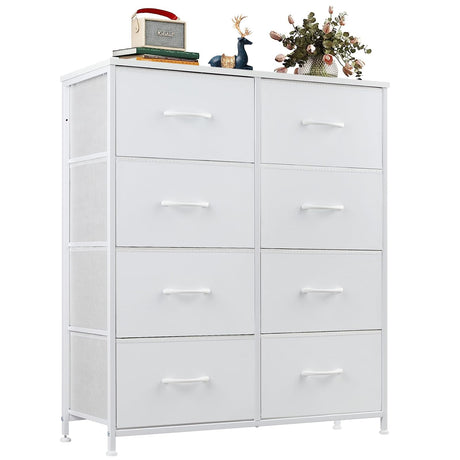 OLIXIS Dresser for Bedroom, 8 Storage Drawers, Tall Large Fabric Storage Tower Organizer, Chest of Drawers with Metal Frame Wooden Top for Nursery, Closet, Living Room, Entryway, Classic White OLIXIS