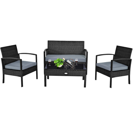 COSTWAY 4PCS Patio Rattan Furniture Set, Outdoor Wicker Conversation Set with Tempered Glass Coffee Table, Seat Cushions, Ideal for Poolside Balcony Porch Backyard - WoodArtSupply