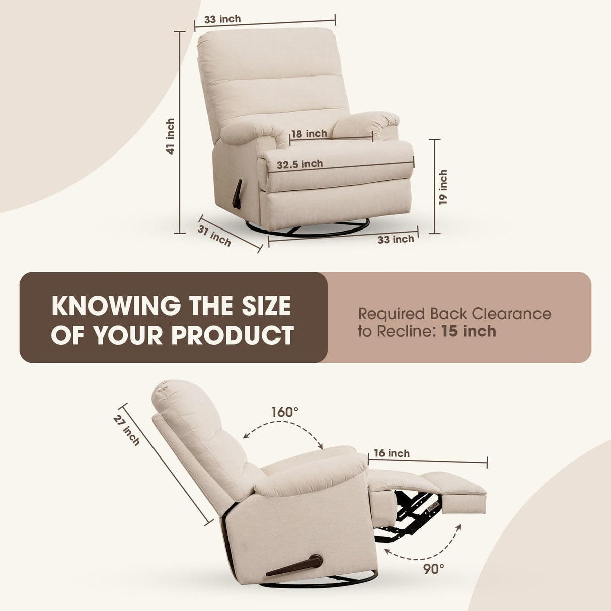 Divanus Large Glider Rocker Recliner,Beige Swivel Rocking Recliner Chair,Reclining Sofa Rocking Chair Nursery,23 Inches Deep Seat & 27 inches High Back,for Living Room, Bed Room‎ (Beige) Divanus
