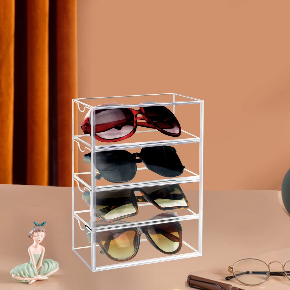 Tasybox Sunglasses Organizer, Acrylic Eyeglass Case Clear Eyeglass Holder Eyewear Display Case with 4 Drawers for Women and Men Tasybox