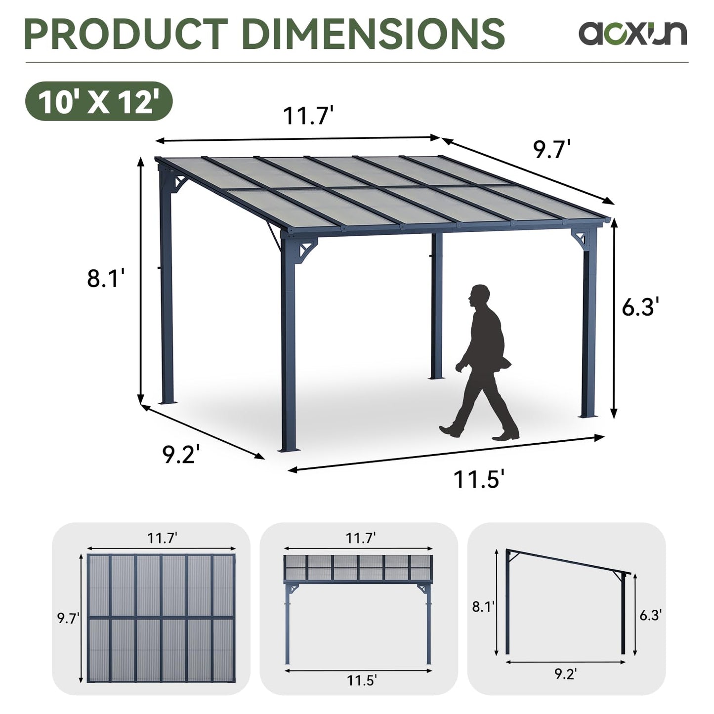 Aoxun 10' x 12' Gazebo for Patio, Gazebo Pergola with Sloped Roof, Large Wall-Mounted Heavy Duty Awnings, for Backyard, Deck, Patio