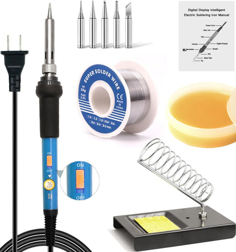 LDK Soldering Iron Kit, Electric Soldering Gun Welding Tools with ON/OFF Switch, Solder Wire, Flux Paste, Soldering Iron Stand, Sponge, 5pcs Tips [110V US Plug] LDK