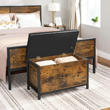 VASAGLE Padded Shoe Bench with Cushioned Seat, Storage Chest Cabinet, Barn-Door Style, 15.7" D x 31.5" W x 19.7" H, Rustic Brown + Black VASAGLE