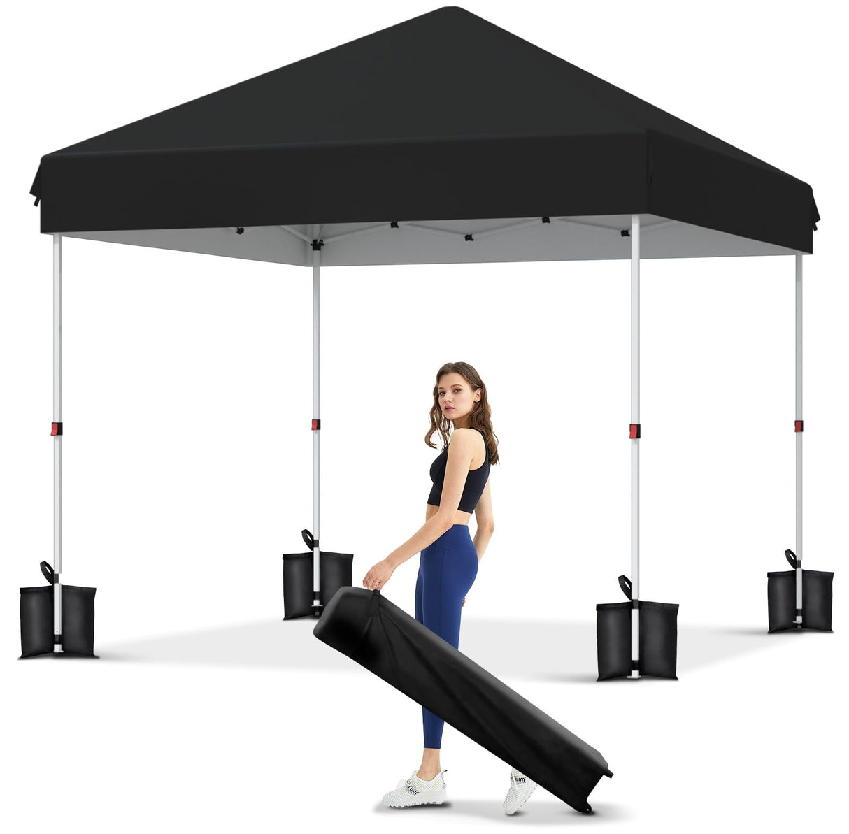 10x10 Pop Up Canopy with Humanization One Button Push Setup - Heavy Duty Outdoor Canopy Tent with Portable Roller Bag - 3 Adjustable Height, 4 Weight Bags, 8 Stakes & 4 Guy Ropes Included, Black GarveeLife