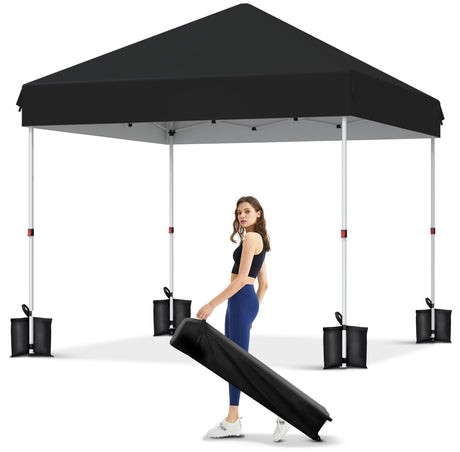 10x10 Pop Up Canopy with Humanization One Button Push Setup - Heavy Duty Outdoor Canopy Tent with Portable Roller Bag - 3 Adjustable Height, 4 Weight Bags, 8 Stakes & 4 Guy Ropes Included, Black GarveeLife