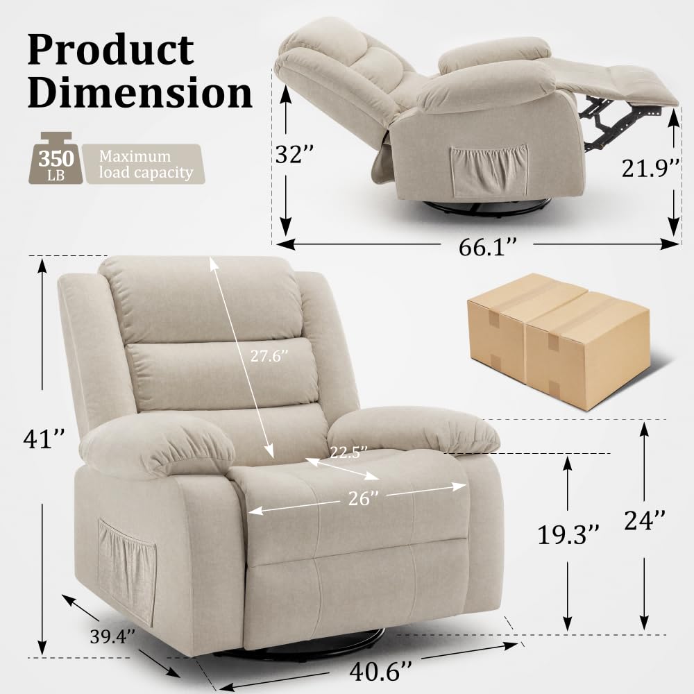 Korser Recliner Chair, Wide Rocker Chair, Rocking Chair with Massage and Heat,360°Swivel Nursery Rocking Chairs, Oversized Recliner for Adults, Cashmere Reclining Sofa for Living Room, Beige Korser