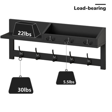 AMBIRD Wall Hooks with Shelf 26.57inch Entryway Wall Hanging Shelf Wood Coat Hooks for Wall Coat Rack Wall Mount Rack with 5 Dual Hooks 3 Key Hooks Mail Organizer and Key Rack Key Holder (Black) AMBIRD