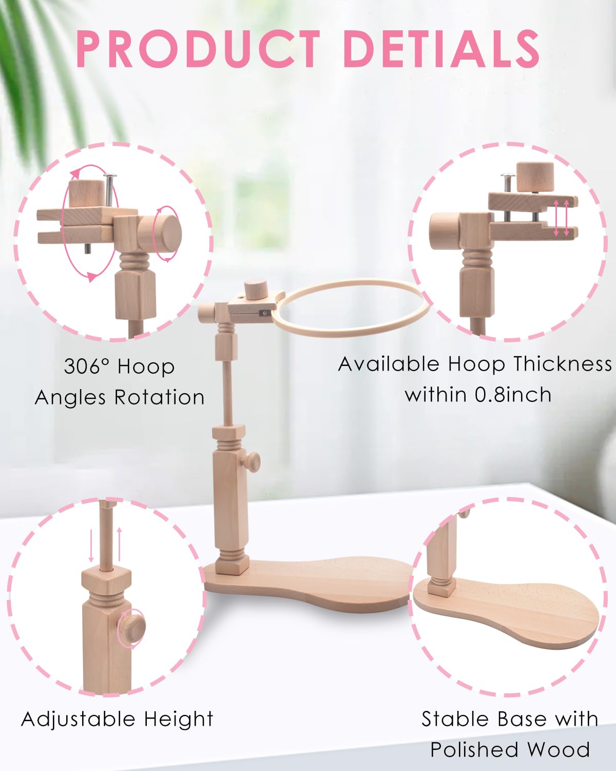 TINDTOP Beech Wood Embroidery Hoop Stand, with 3pcs Embroidery Hoops (3inch + 6inch + 8inch), Adjustable Rotated Wooden Embroidery Hoop Holder for Cross Stitch and Embroidery Projects TINDTOP