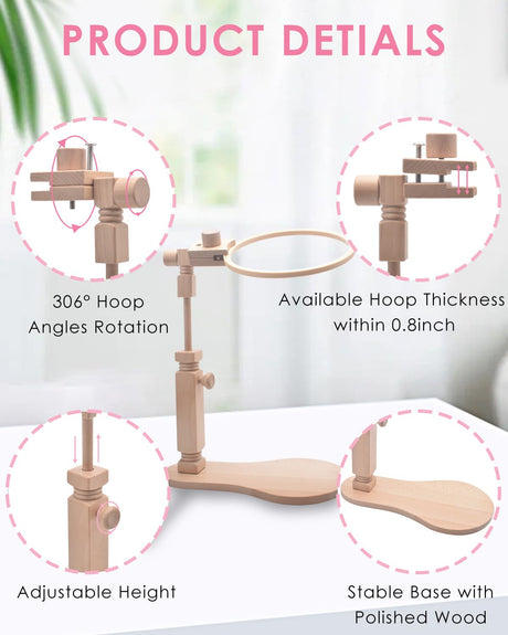 TINDTOP Beech Wood Embroidery Hoop Stand, with 3pcs Embroidery Hoops (3inch + 6inch + 8inch), Adjustable Rotated Wooden Embroidery Hoop Holder for Cross Stitch and Embroidery Projects TINDTOP