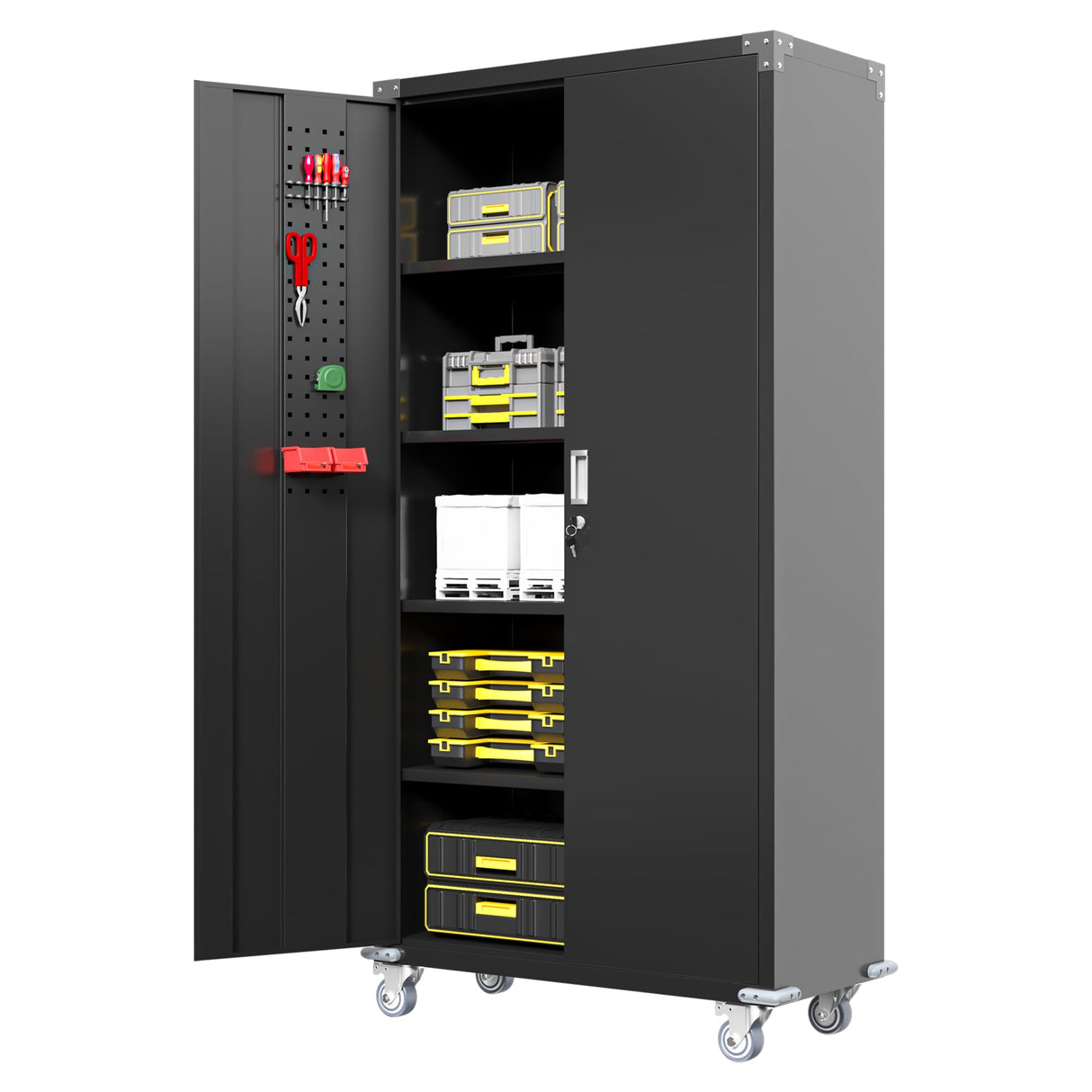 Waqiv 71''H Black Metal Garage Storage Cabinet with Wheels, Lockable Tool Cabinet with Doors and 4 Adjustable Shelves,Tall Metal Cabinets with 2 Pegboards for Garage Storage Systems, Assembly Required Waqiv