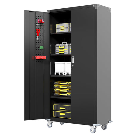 Waqiv 71''H Black Metal Garage Storage Cabinet with Wheels, Lockable Tool Cabinet with Doors and 4 Adjustable Shelves,Tall Metal Cabinets with 2 Pegboards for Garage Storage Systems, Assembly Required Waqiv