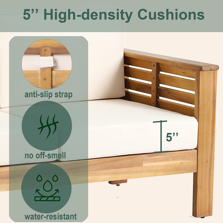 4-Piece Patio Furniture Set: Outdoor Acacia Wood Patio Furniture Set with Loveseat, Sectional Sofa & Coffee Table with Premium Cushions, Durable Conversation Set for Backyard, Garden (4, brown) Usiseem