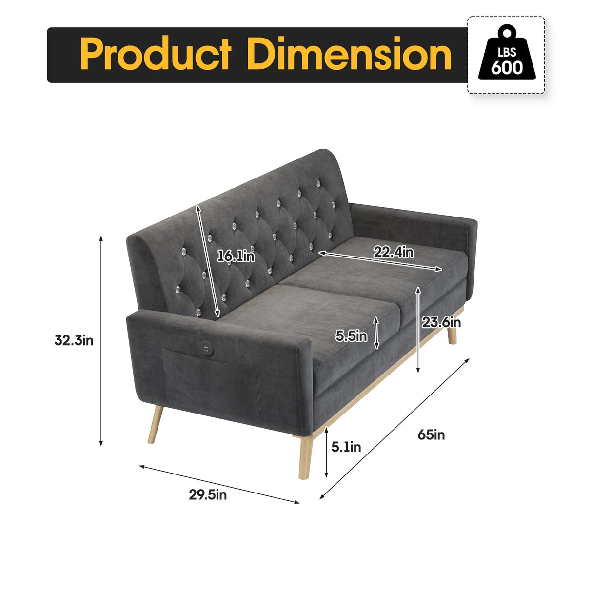 Fameill 65" Loveseat Sofa Couch, Mid Century Modern Love Seat Small Couch with Soft Cushion, LED Light, Crystal Button Tufted, Upholstered Comfy Small Couch for Living Room, Bedroom Fameill