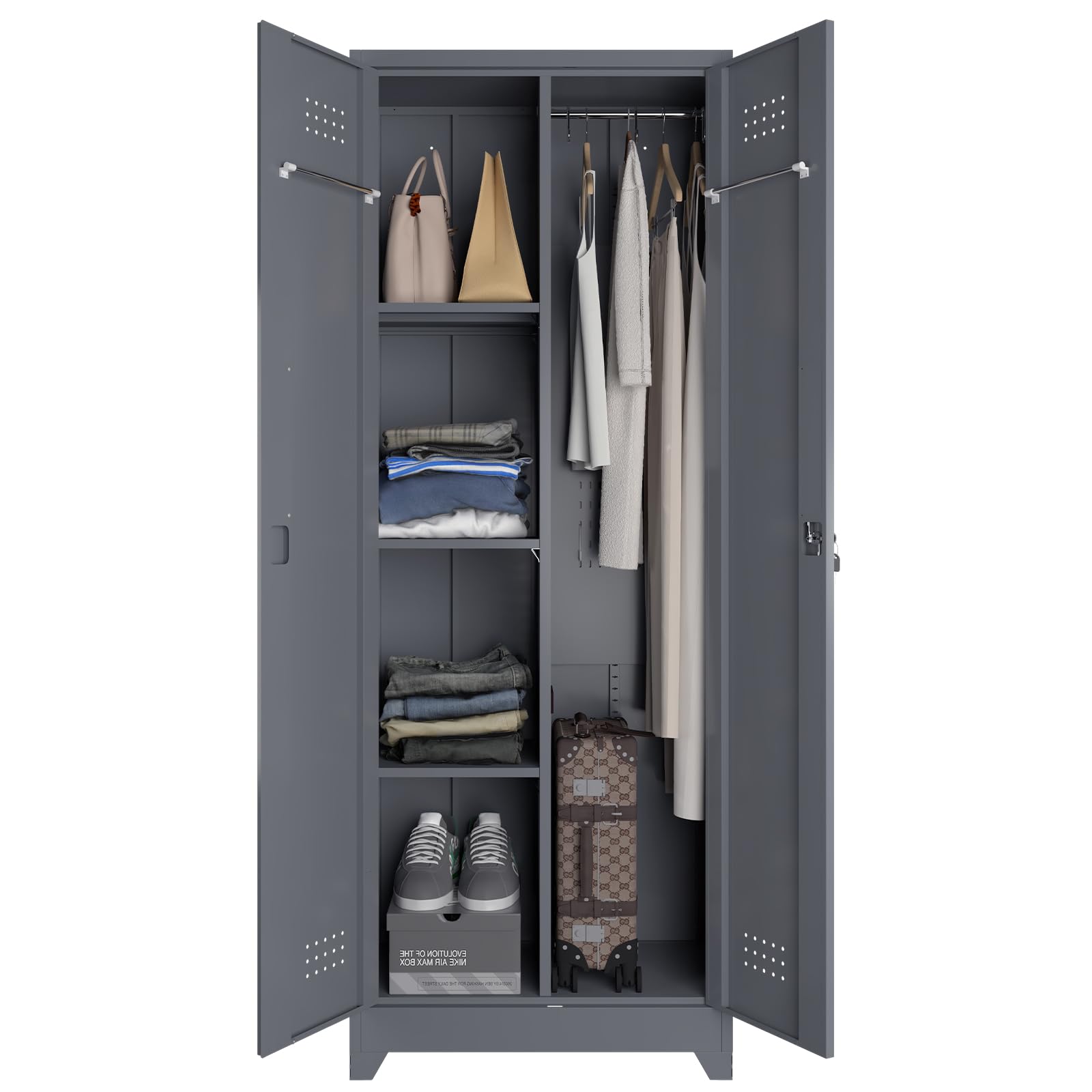 STEELIST Metal Storage Cabinet with Locking Doors, Steel Broom Storage Cabinet with Hanging Rod, 65" Cleaning Storage Cabinet with 4 Shelves, Broom Tool Storage Cabinet for Office, Garage - WoodArtSupply