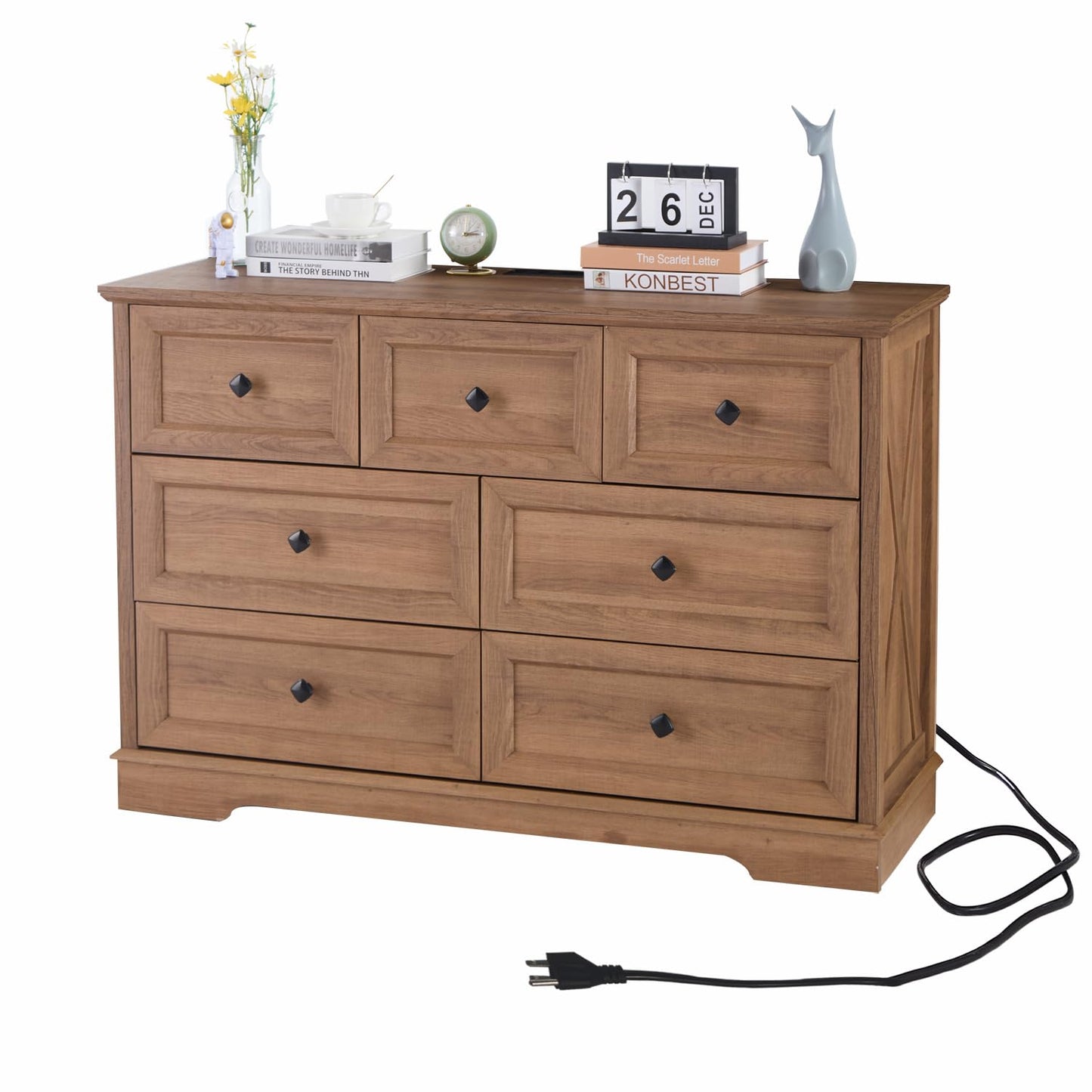 LDTTCUK Dresser for Bedroom with 7 Deep Drawers, Modern Dresser with Charging Station 7 Chest of Drawers, Wood Storage Organizer Dresser, Nursery Dresser for Living Room, Hallway, Natural Oak