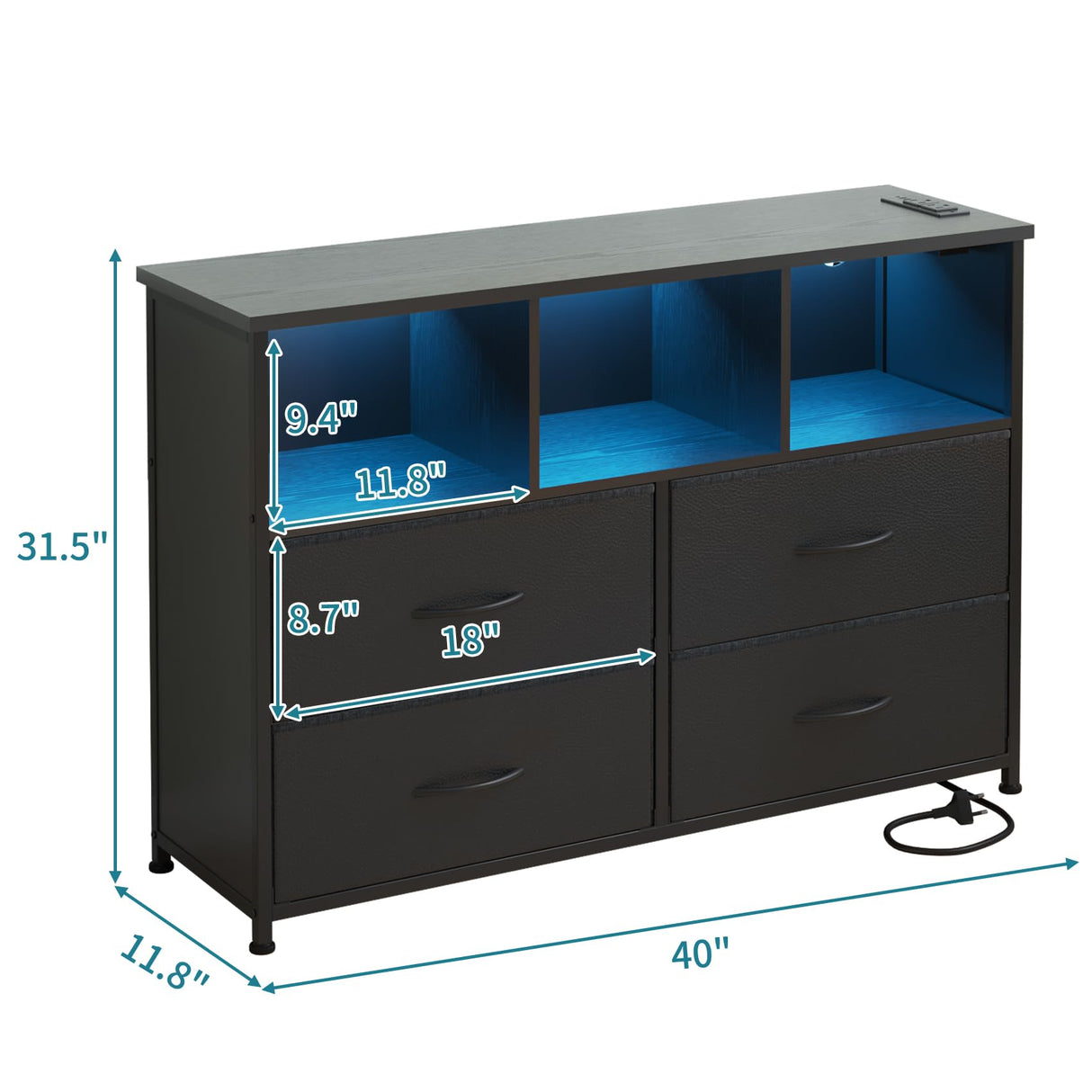 LUMTOK 4-Drawers Dresser with 3 Open Storage Shelves, Fabric Dressers Drawers for Bedroom, Hallway, Nursery, Closets, Steel Frame, Wood Top, Easy Pull Handle (Black) LUMTOK