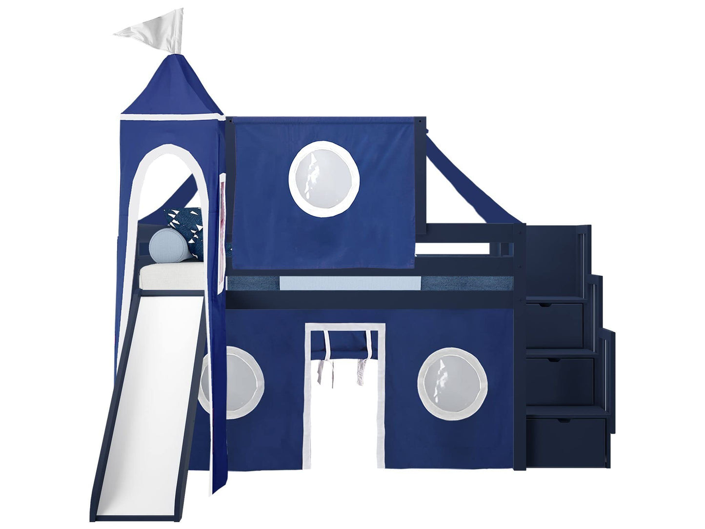 JACKPOT! Castle Stairway Low Loft Bed with 3 Drawers, Slide, Blue and White Tent and Tower, Twin, Blue